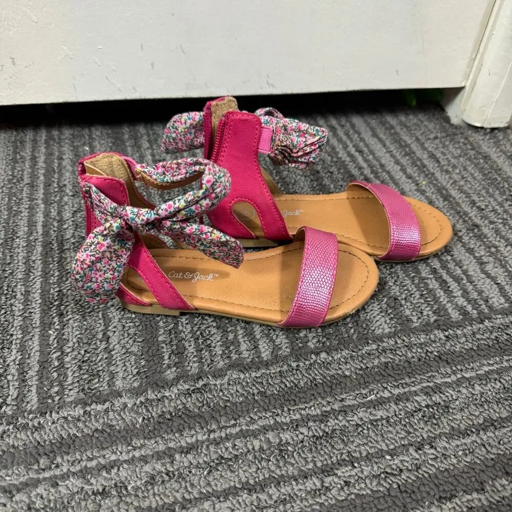 Cat & Jack Girls Pink Floral Bow Ankle Strap Sandals Back Zip Size 8